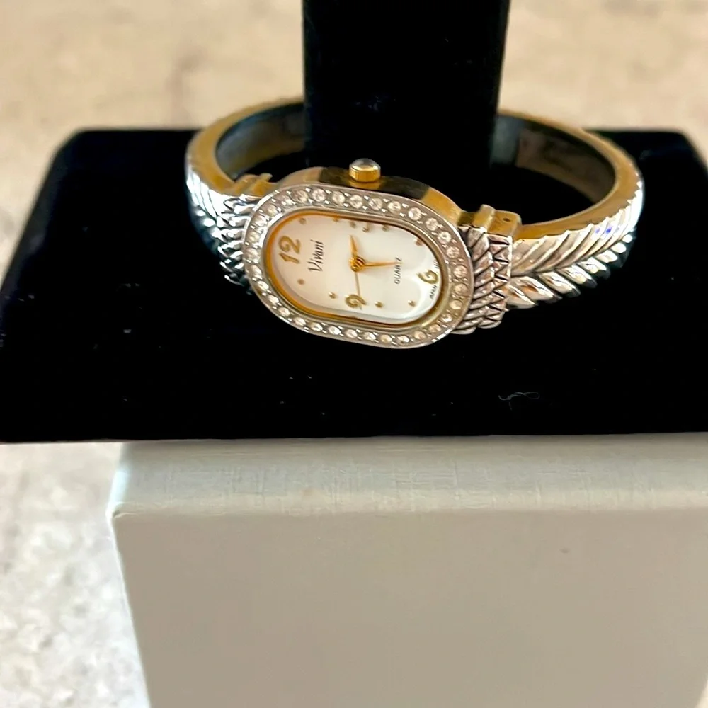 Vintage Bracelet Watch Silver Tone w/Gold Accent and White Crystal